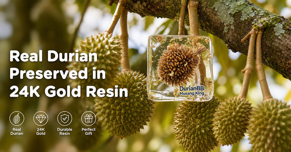 A frozen cube with gold foil hanging on a durian tree