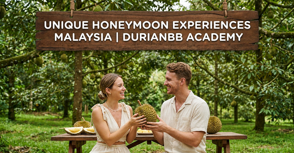 A sweet couple holding durian in durian farm