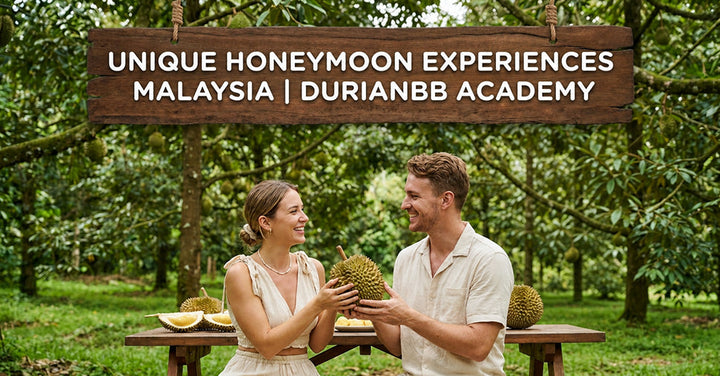 A sweet couple holding durian in durian farm
