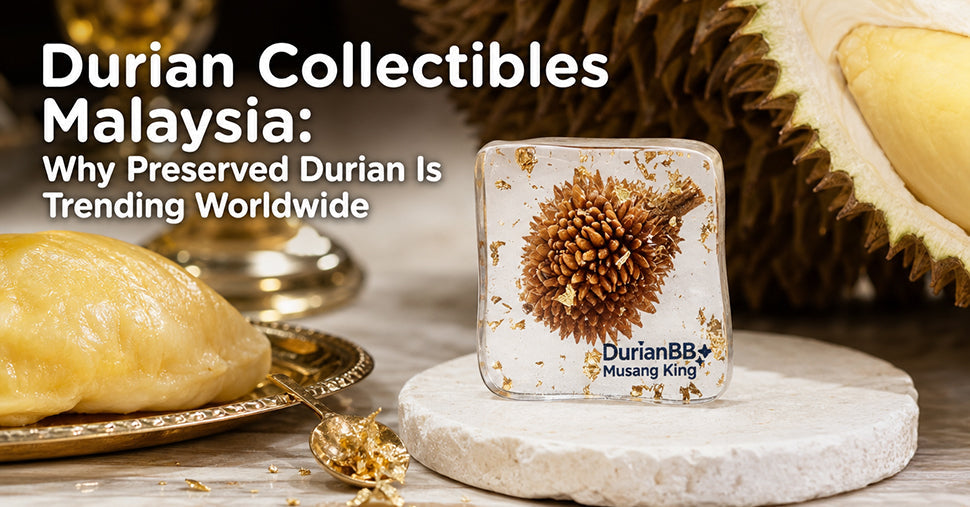 A forever frozen cube put with opened durian and a spoon of gold foil. 