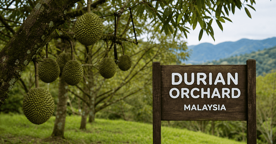 Fruitful durian tree with a wooden signboard